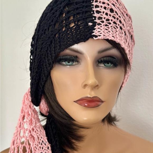 Hand Knits 2 Love Cotton Headband Bandana Scarf Lace Tassels Designer Black Pink main image 8